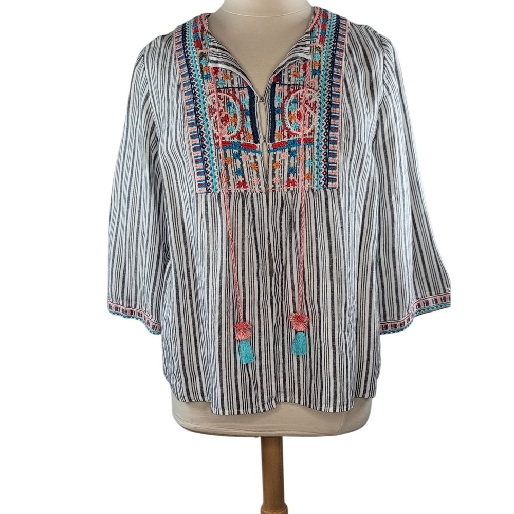 J.‎ Jill White and Black Striped Peasant Blouse with Multicolor Embroidery